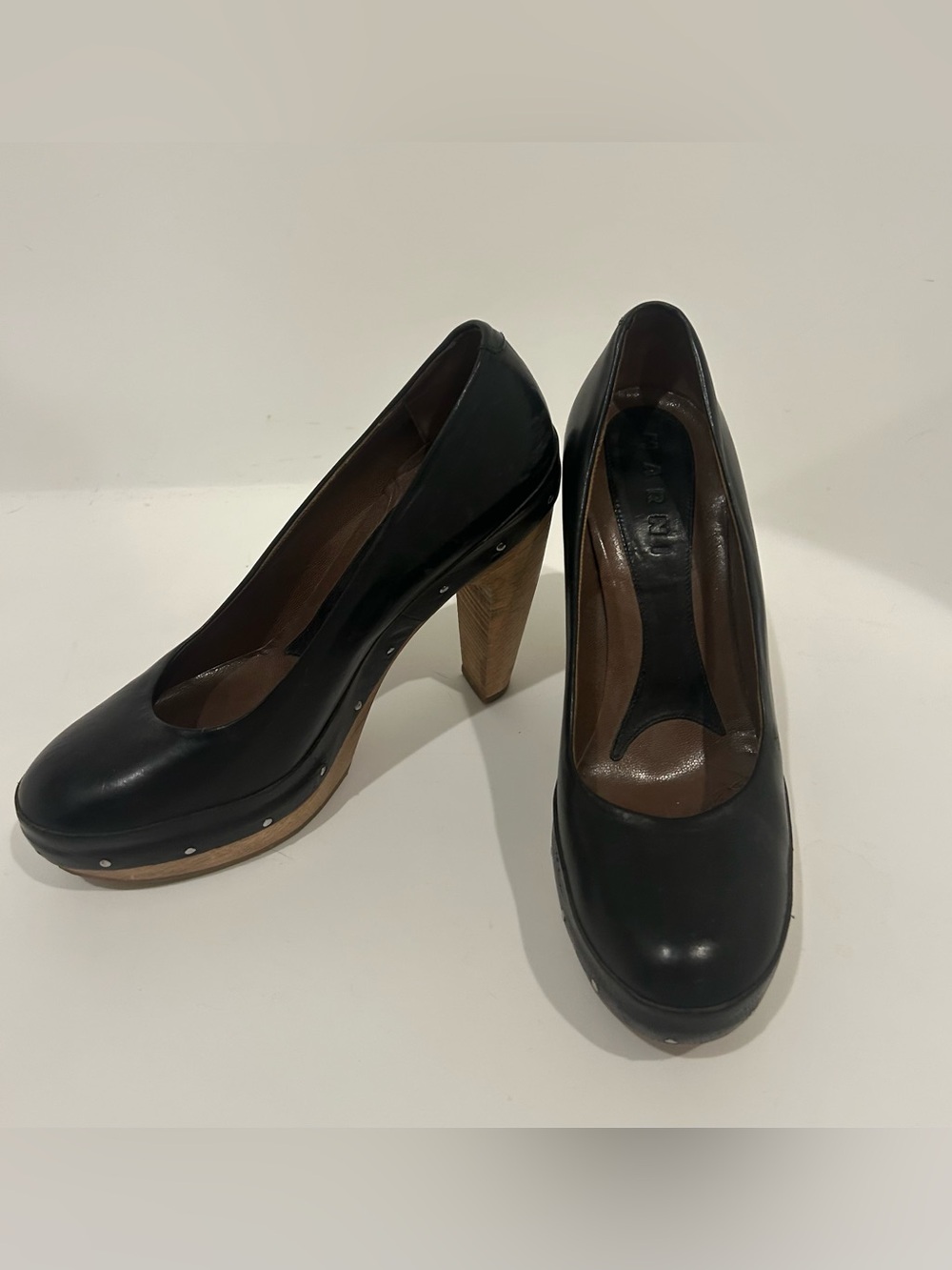 MARNI Vintages Black Leather Platform Pumps with Wood Block Heel Size 8.5